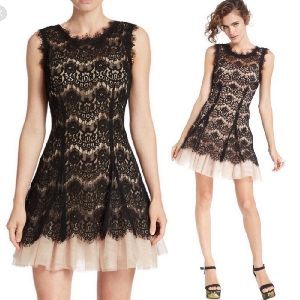Betsy & Adam Nude Black Lace-overlay Tulle Cocktail Dress 14